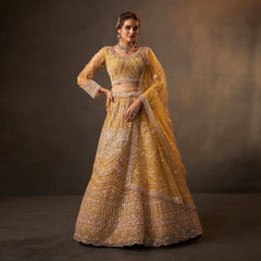 Jazzagals - Beads & Pearls Handwork Lime Yellow Designer Lehenga