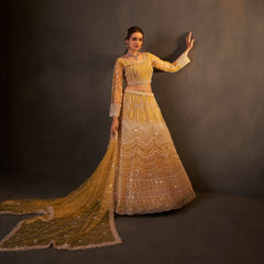 Jazzagals - Beads & Pearls Handwork Lime Yellow Designer Lehenga