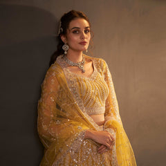 Jazzagals - Beads & Pearls Handwork Lime Yellow Designer Lehenga