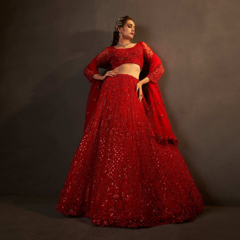 Jazzagals - Designer Replica Red Self Handwork Couture Lehenga