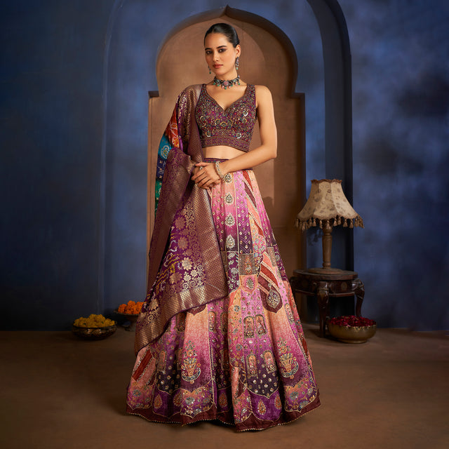 Lilac multicolor patola print lehenga with bandhej dupatta, full-length model view