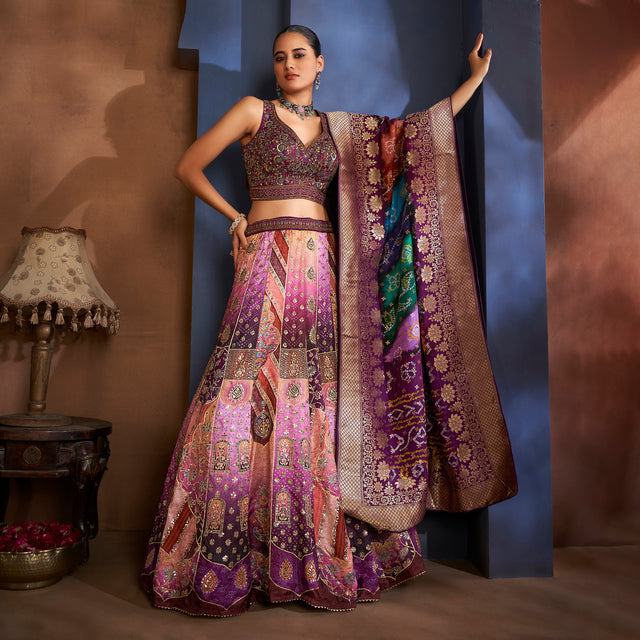 Lilac multicolor patola print crop blouse and lehenga with bandhej dupatta drape
