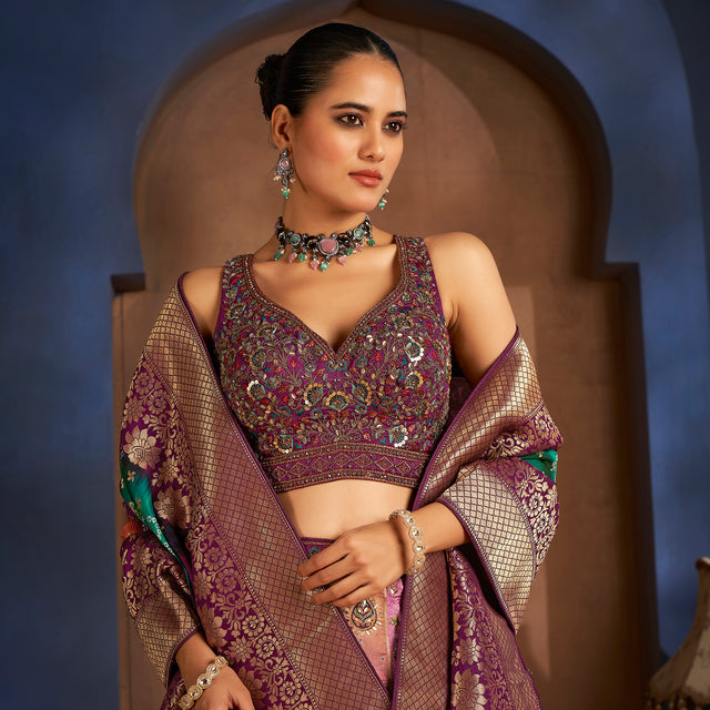 Women’s lilac multicolor patola print blouse and lehenga with bandhej dupatta