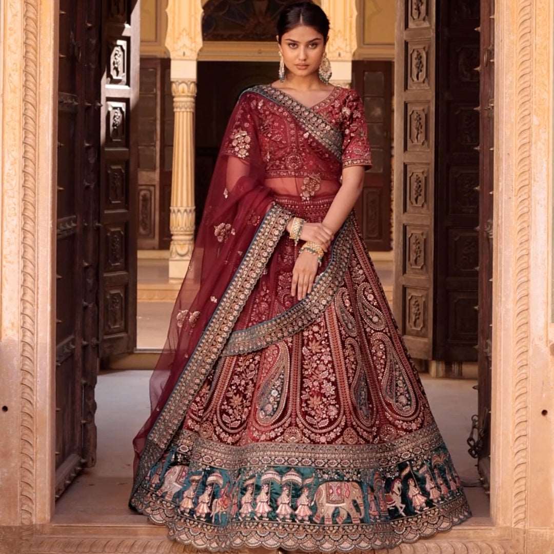 Wine Red Heavy Floral Embroidery Queenly Bridal Lehenga - NOOR 2022