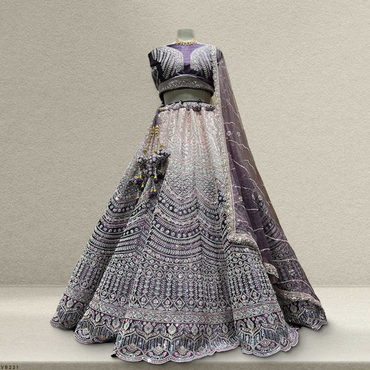 Damsel - Lavender Velvet Ombre Beads Handwork Designer Lehenga