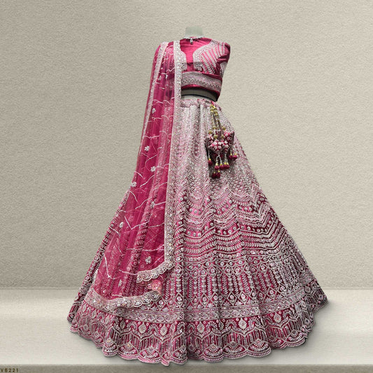 Damsel - Soft Pink Velvet Ombre Beads Handwork Designer Lehenga