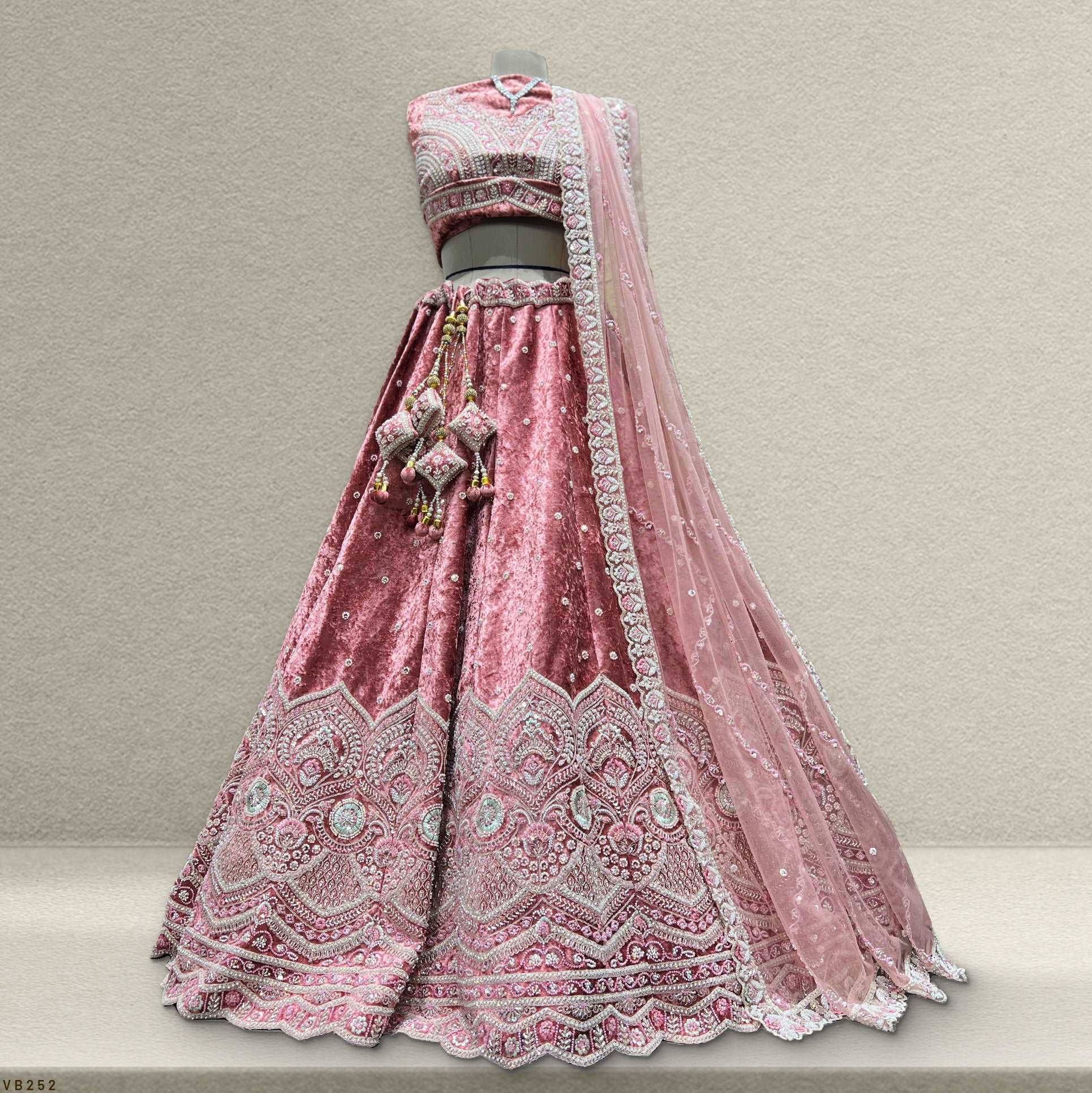 Jazzagals - Beads & Pearls Handwork Pink Velvet Lehenga