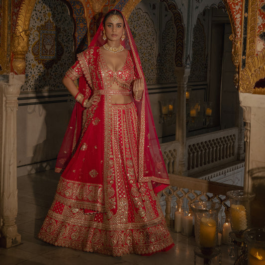 Sangria : Double Dupatta Royal Red Bridal Lehenga