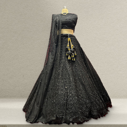 Jazzagals - Beads & Pearls Handwork Jet Black Cocktail Lehenga