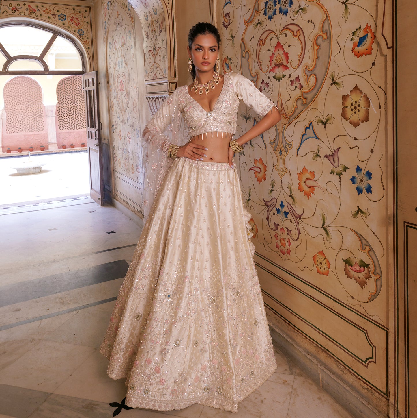 Rosé - Mirror & Beads Work Raw Silk Off White Lehenga