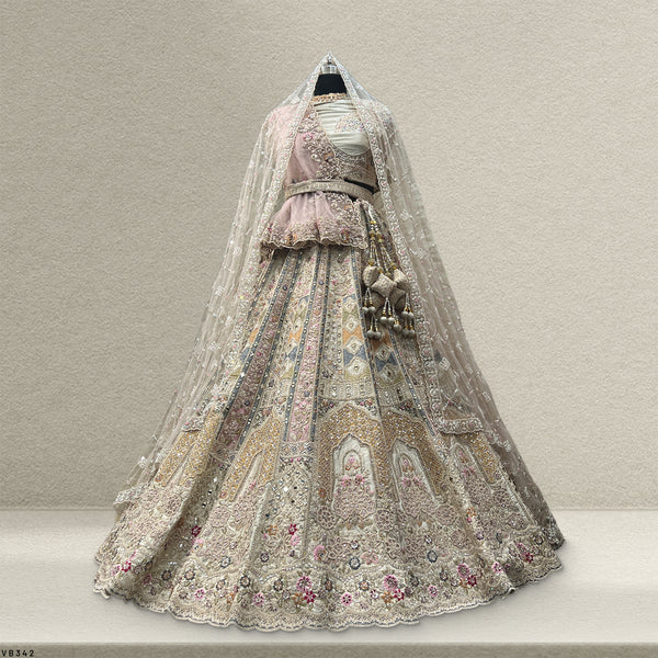 Rosé - Wedding Trousseau in Pastel Hues Raw Silk Off White Bridal Lehenga