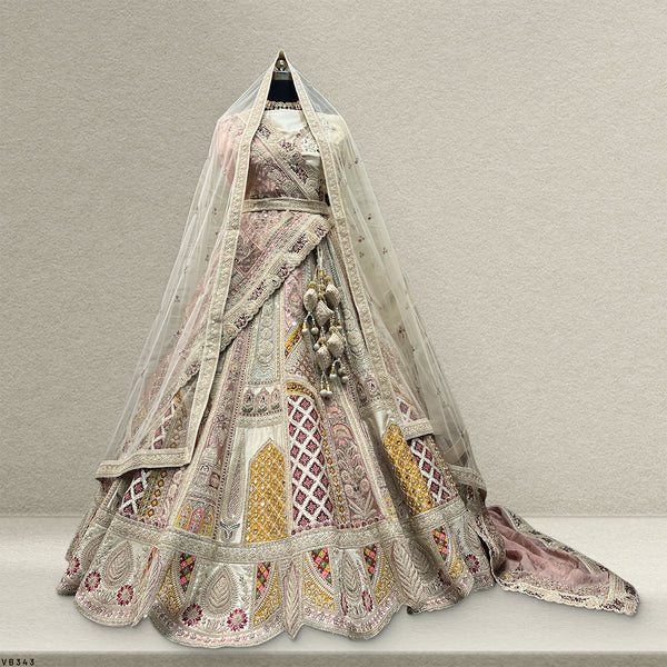 Rosé - Wedding Trousseau in Pastel Hues Raw Silk Off White Bridal Lehenga