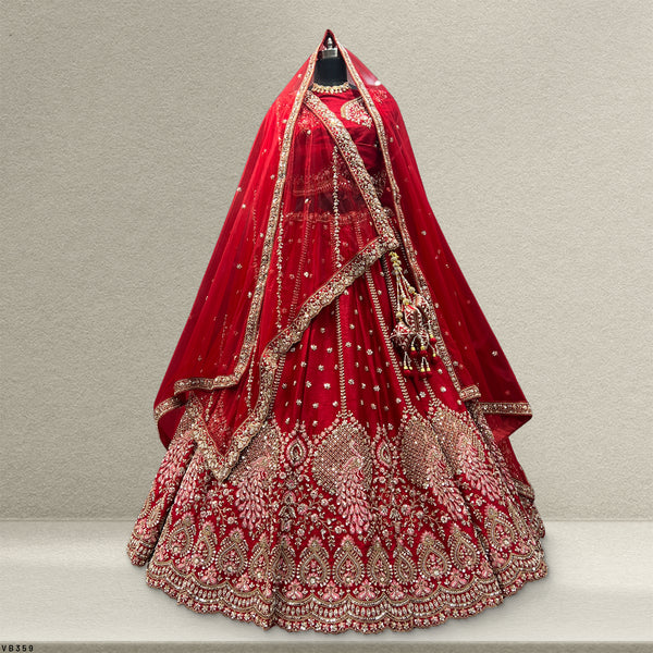 Sangria : Cutdana Pearls Handwork Royal Red Bridal Lehenga