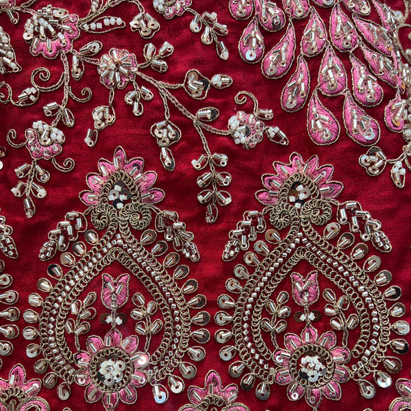 Sangria : Cutdana Pearls Handwork Royal Red Bridal Lehenga