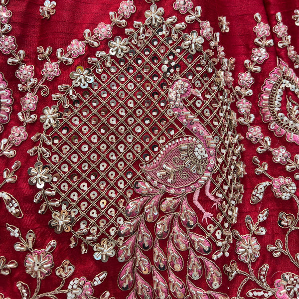 Sangria : Cutdana Pearls Handwork Royal Red Bridal Lehenga