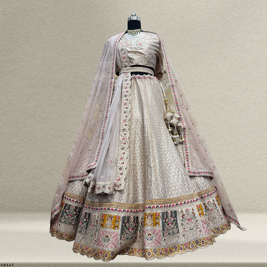 Rosé - Wedding Trousseau in Pastel Hues Raw Silk Off White Bridal Lehenga