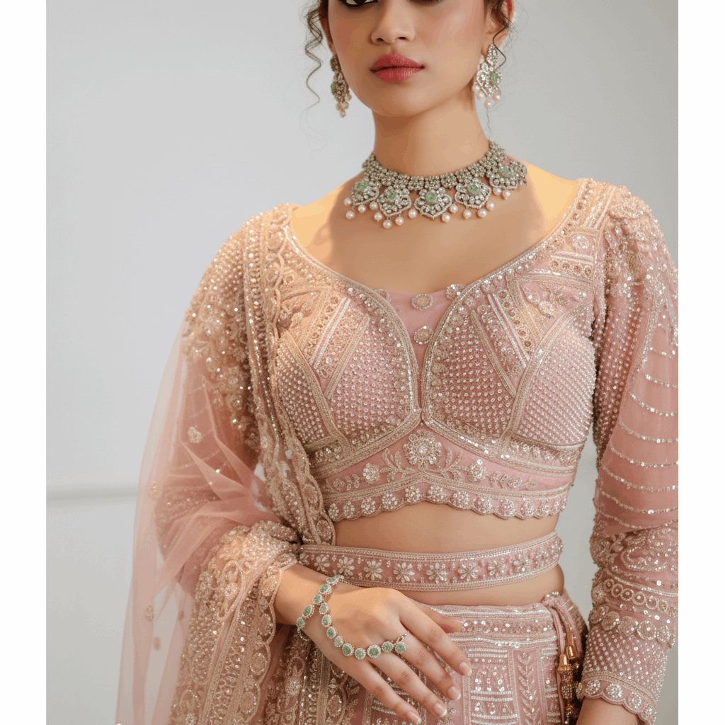 JMS Studio Pink Handwork Lehenga for Reception & Sangeet for Bride