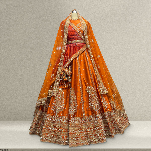 Sangria : Cutdana Pearls Handwork Rust Orange Bridal Lehenga