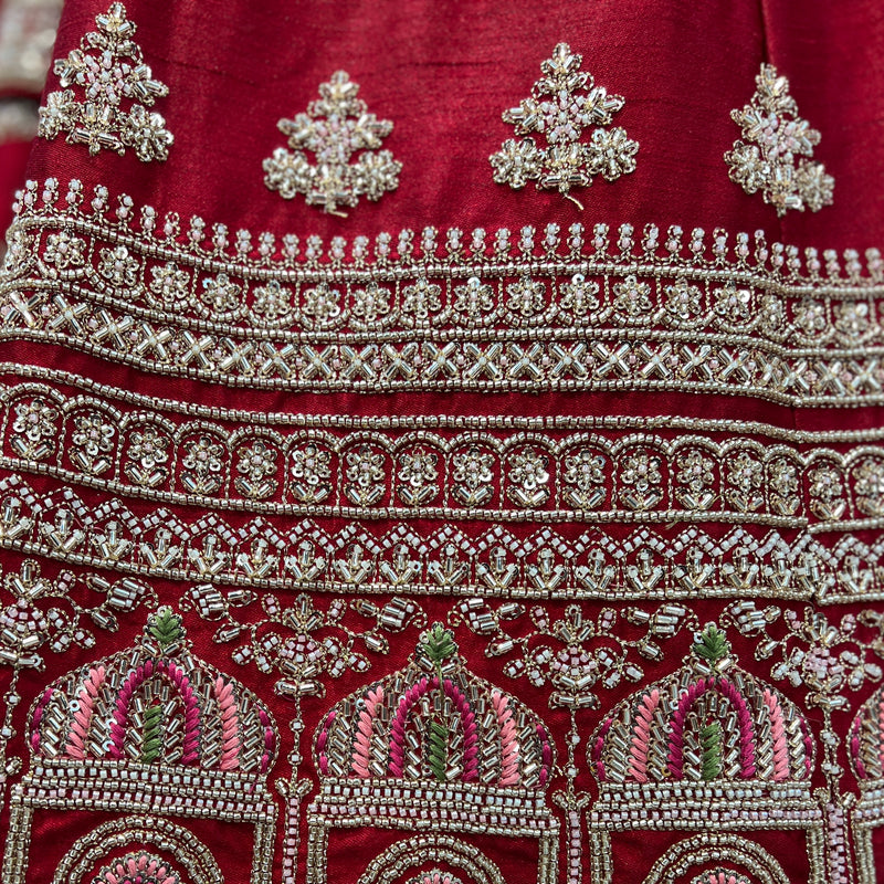 Amrapali - Minimal Style Boota Handwork Raw Silk Royal Red Bridal Lehenga