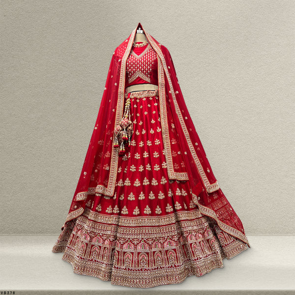 Amrapali - Minimal Style Boota Handwork Raw Silk Royal Red Bridal Lehenga
