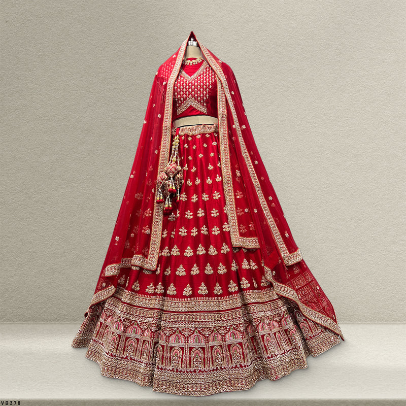 Amrapali - Minimal Style Boota Handwork Raw Silk Royal Red Bridal Lehenga