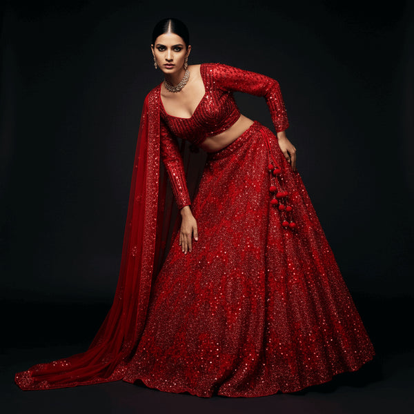 Red sequined lehenga with matching dupatta, handwork detail