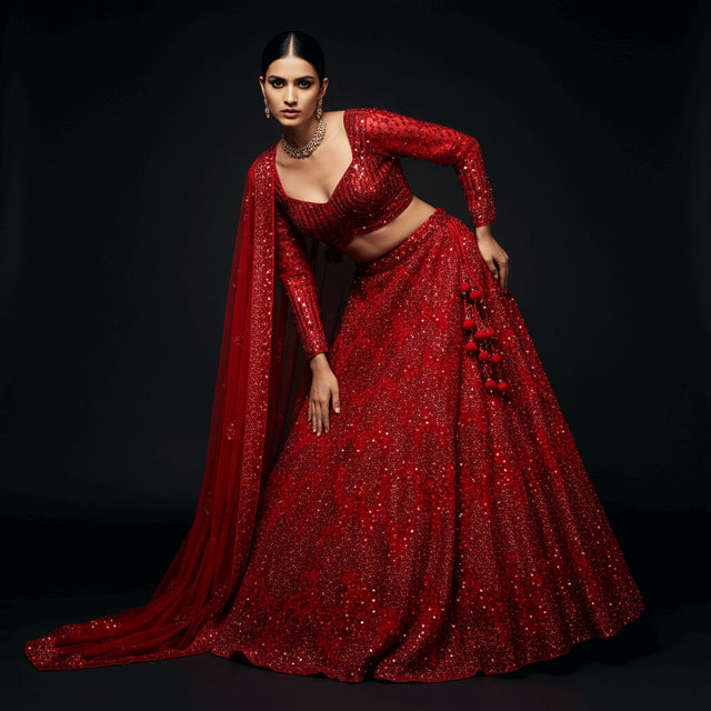 Red sequined lehenga with matching dupatta, handwork detail