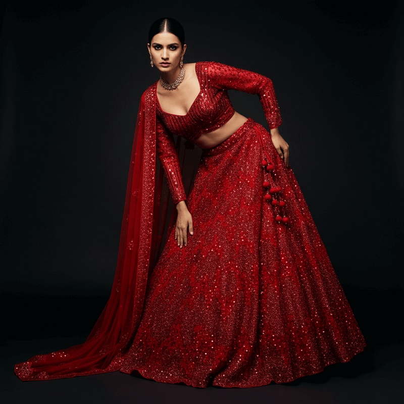 Red sequined lehenga with matching draped dupatta and beaded waistband