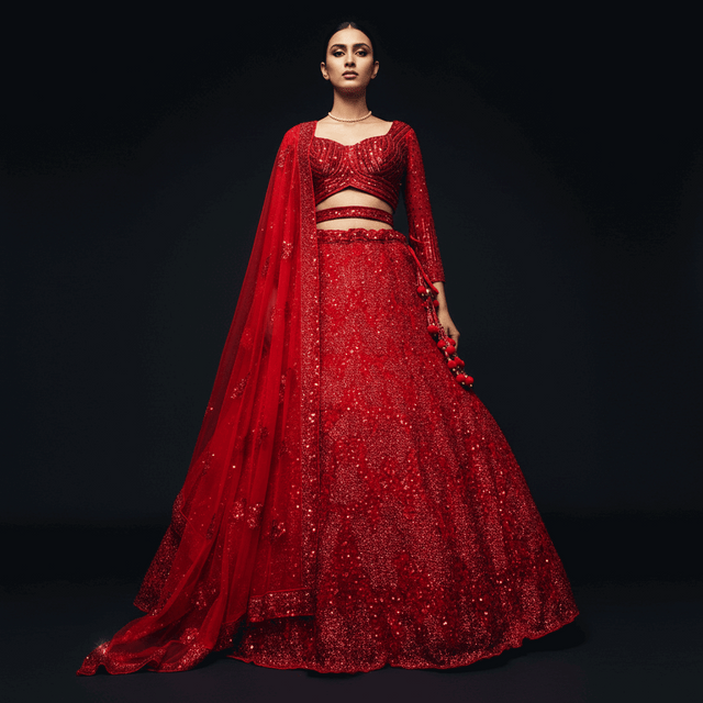 Red sequin lehenga with long-sleeve blouse and sheer embellished dupatta