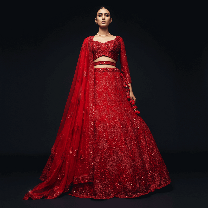 Red sequined lehenga set with cropped blouse and sheer draped dupatta