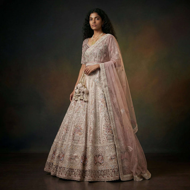 Pastel bridal lehenga with detailed doriwork embroidery and sheer dupatta drape