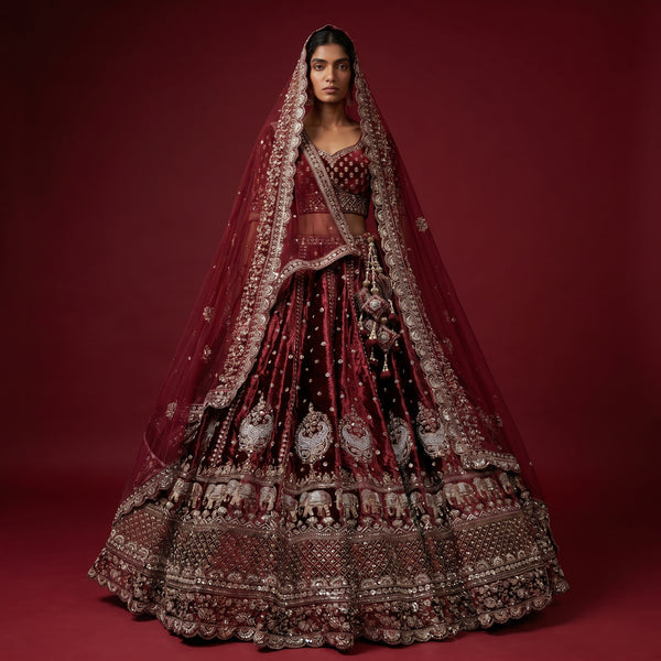 Maroon wedding lehenga with embroidered bodice, full skirt, and double dupatta