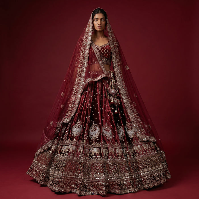 Rajgharana - Double Dupatta Maroon Handwork Wedding Lehenga