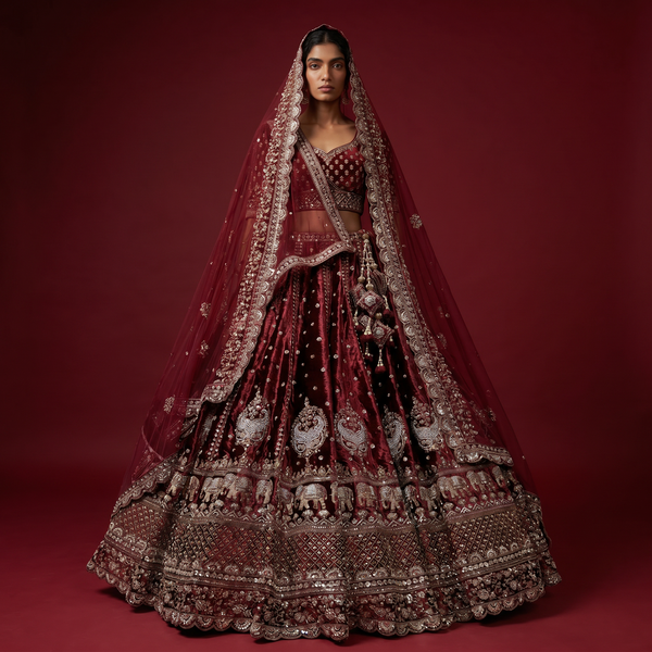 Rajgharana - Double Dupatta Maroon Handwork Wedding Lehenga