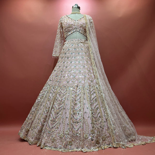 Soft blush designer lehenga with silver bead embroidery and sequin work