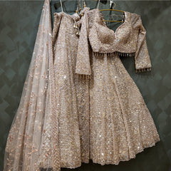 Champagne gold embroidered lehenga set with matching blouse and sheer dupatta