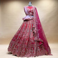 Bridal lehenga skirt in coral and dark pink with ornate silver sequin embroidery