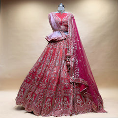 Bridal lehenga skirt in coral and dark pink with ornate silver sequin embroidery