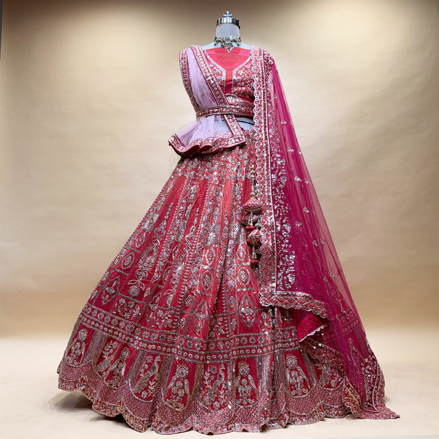 Bridal lehenga skirt in coral and dark pink with ornate silver sequin embroidery