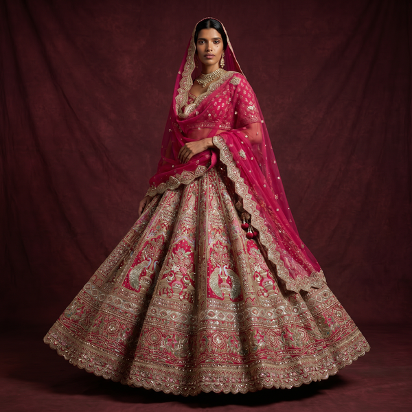 Rani pink bridal lehenga with mirror handwork, embroidered border and full flared skirt