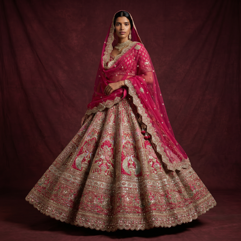 Rani pink bridal lehenga with mirror handwork, embroidered border and full flared skirt