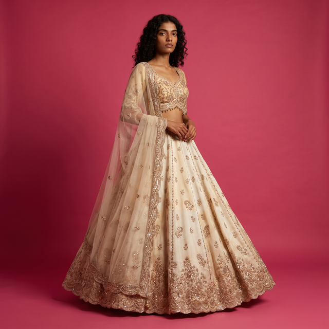 Off-white bridal lehenga with matching fitted blouse and gold embroidery, sheer veil