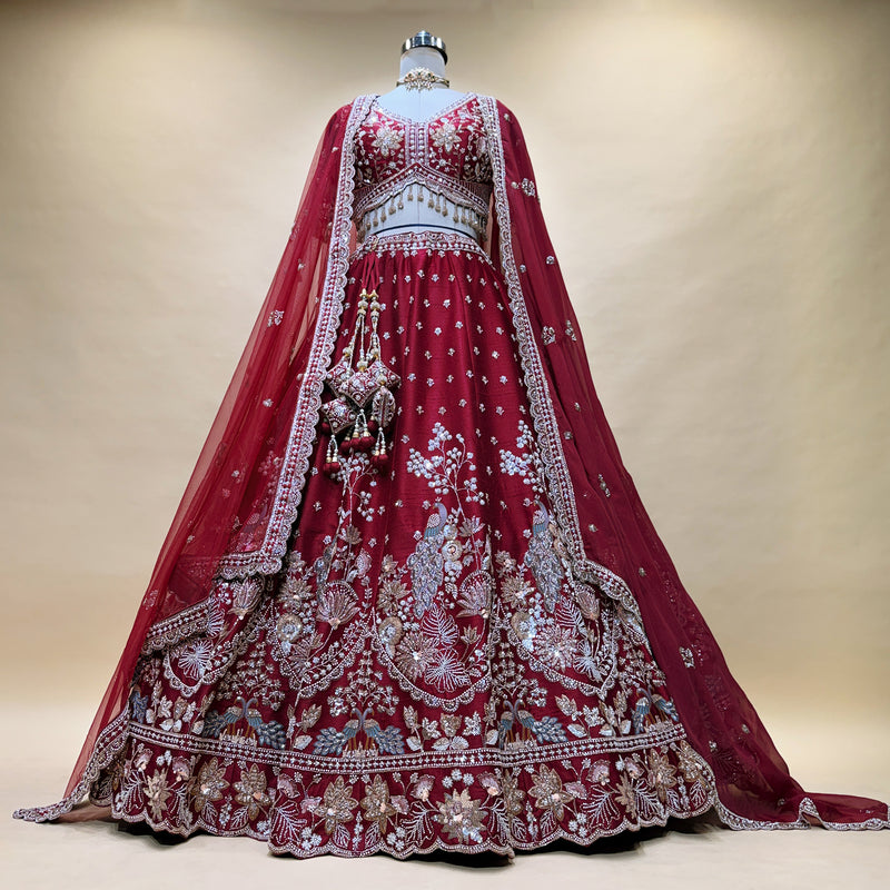 Royal Baggi: Maroon Raw Silk Bead Work Peacock Motif Bridal Lehenga