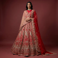 Red embroidered bridal lehenga with ornate peacock-style motifs and sheer dupatta