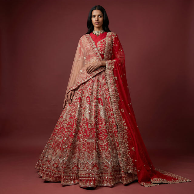 Red embroidered bridal lehenga with ornate peacock-style motifs and sheer dupatta