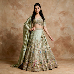 Pista green lehenga with gold swan motif embroidery and matching drape dupatta