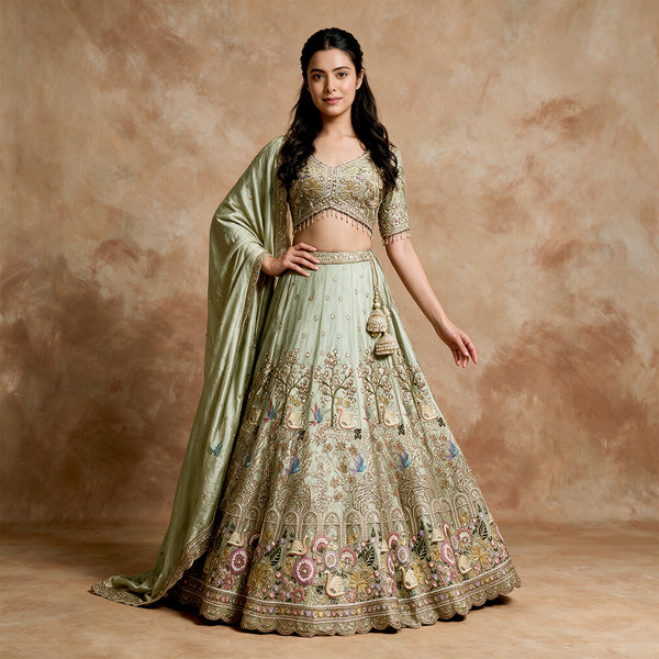 Damsel - Pista Green Tissue Silk Swan Motif Lehenga, Ready to Wear