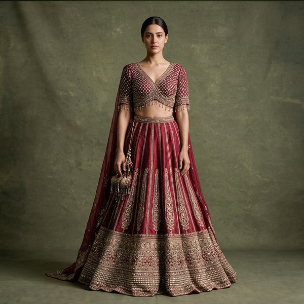 Maroon bridal lehenga with gold Kalka panels and draped dupatta