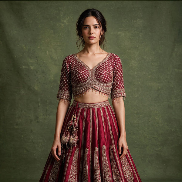 Maroon embroidered bridal blouse and lehenga with gold border and Kalka motifs