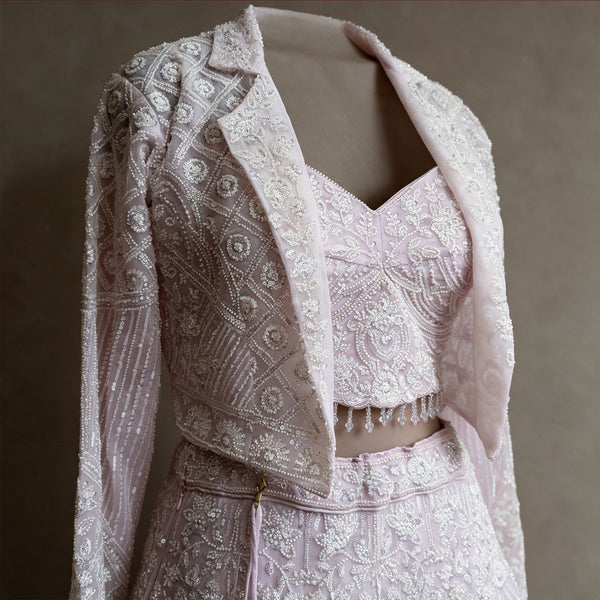 Close-up of beaded jacket with notched collar, handwork blouse with bead fringe and waistband on baby pink net